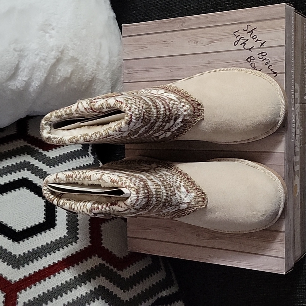 New, never worn  with tag and box. Women light Beige short winter boots.